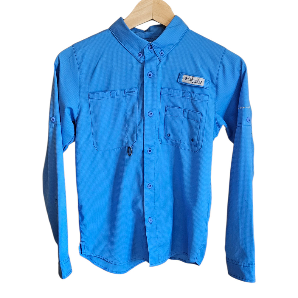 Columbia PFG Boys Medium 10/12 Bahama Long Sleeve Fishing Shirt Blue UPF